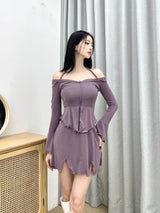 キラホルターオフスリットミニワンピース/793. Kira halter off slit mini ops (2color)