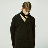 vネックレイヤードストリングピアススウェット / v-neck layerd string pierced mtm black