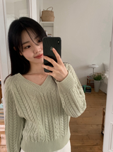 WT Cable V-neck Crop Knit (6color)