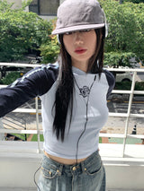 シマナグランストラップカラーコンビネーションクロップドフードTシャツ