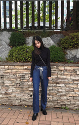 セミワイドフィットストリングポイントダークデニムパンツ/JEON SO MIN SEMI-WIDE FIT STRING POINT DARK DENIM PANTS [17708]
