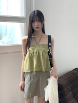 リンティーシフォンリネンフレアホルターリボンストラップノースリーブ / Linty chiffon linen flare holter ribbon strap sleeveless