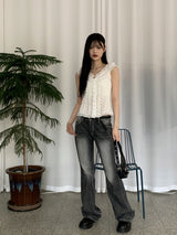 ジャケットレースパンチングy2kピンタックオフショルダースリーブレスブラウス / Jacket lace punching y2k pintuck off shoulder sleeveless blouse