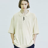 スクエアチェスト ジッパーアップ ポロニットTシャツ / square chest zipper-up polo knit t-shirt cream