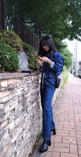 セミワイドフィットストリングポイントダークデニムパンツ/JEON SO MIN SEMI-WIDE FIT STRING POINT DARK DENIM PANTS [17708]