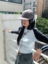 シマナグランストラップカラーコンビネーションクロップドフードTシャツ