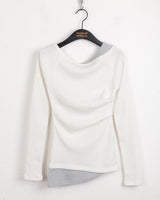 Chiss shirring layered diagonal off-shoulder long sleeve t-shirt