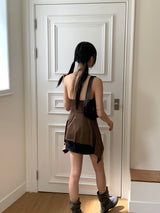 Roffin brown halter beaded shirring unbalanced tube top