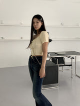 ボキンエンボスハートネックインシジョンリボン半袖Tシャツ/Bokin Embossed Heart Neck Cutout Ribbon Short Sleeve T-shirt