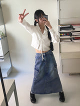 プリークカットカーゴポケットバックバンドバックスリットデニムロングスカート