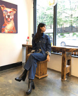 セミワイドフィットストリングポイントダークデニムパンツ/JEON SO MIN SEMI-WIDE FIT STRING POINT DARK DENIM PANTS [17708]