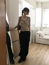 Zenki ビンテージボタンリブスリムVネックTシャツ