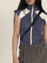 スポーツセミクロップベストジップアップ/Slon  Sporty Color Semi-Crop Short-Sleeved Vest Zip-Up