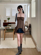 Roffin brown halter beaded shirring unbalanced tube top