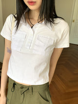 Moodle Pocket Color Matching Collar Short Sleeve T-shirt