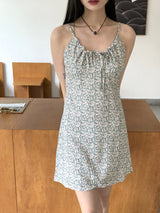 ルーツフラワーシャーリングリボンキャミミニワンピース / Roots Flower Shirring Ribbon Sleeveless Mini One Piece