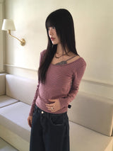 GtelヴィンテージストライプディープUネック長袖Tシャツ