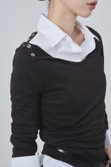 Shoulder snap wide-neck long sleeve