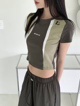 エンバースポーティ配色ラウンド半袖Tシャツ/ Enver sporty color matching round short-sleeved T-shirt