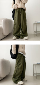 Bicol String Pleated Cargo Wide Pants