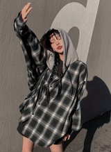 (UNISEX)キッチフードバルーンチェックシャツ