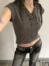 バフィービンテージVネックポケットカラー半袖Tシャツ / Buffy Vintage V-neck Pocket Collar Short Sleeve T-shirt