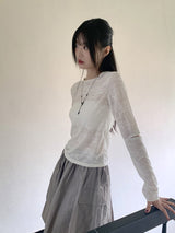 ペズルシースルーペイズリースリットクロップド長袖Tシャツ