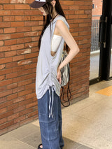スクエアサイドストリングロングフードノースリーブシャツ / square side string long hooded sleeveless shirt