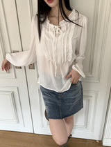 マーフィングラブリーピンタックフリルリボンヨルブラウス / Maping lovely pintuck frill ribbon yoru blouse