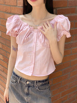 Blang shirring button puff crop short-sleeved blouse