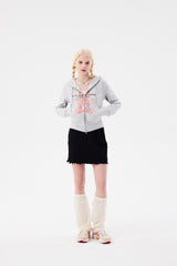 WITTY BUNNY SPLIT GRAPHIC CROP HOODIE ZIP UP [MELANGE GRAY]