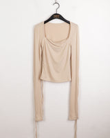 Pania Balletcore Shirring Pleated Strap Square Neck Cropped Long-Sleeved T-Shirt