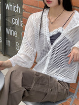 ティシュサマーネットボタン長袖フードカーディガン / Tish Summer Net Button Long-Sleeve Hood Cardigan