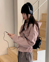 シャーリングストリングウィンドブレーカーロングスリーブフーディTシャツ