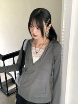 Rti Vintage V-neck Lace Hooded Long Sleeve T-shirt