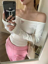 リボンオフショルダーバックレス長袖Tシャツ