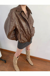 Collar boxy round leather jacket