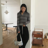 Nier angora fur color combination striped diagonal zipper slim long sleeve knit
