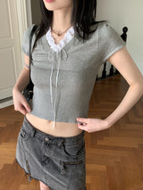 Chetshire y2k lace ribbon string V-neck short sleeve knit