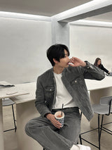 セミオーバーチャイナセットアップデニムジャケット / LMN Semi-Over China Setup Denim Jacket (Gray)