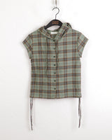 テユストリングシャーリングリネンチェックフードシャツカミス / Teyu String Shirring Linen Check Hooded Shirt Camis