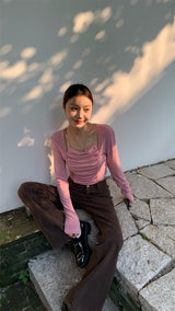 Must-have shirring long-sleeved T-shirt