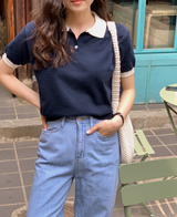 ワンボタンバイカラー半袖ニット (6color)