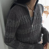 Nier angora fur color combination striped diagonal zipper slim long sleeve knit