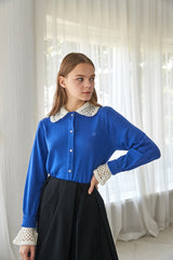 hand crochet neck&sleeve decorative cashmere cardigan_royal blue (6655897469046)