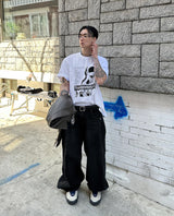 スナップワイドブラックデニムパンツ
