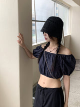 ミネンデニムオフショルダークロップド半袖ブラウス / Minen Denim Off Shoulder Cropped Short Sleeve Blouse