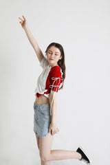 スリットリボンハーフスリーブTシャツ / Slit Ribbon Half-Sleeve T-shirt Red