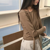 [Muffler set] Tyuji striped round long sleeve t-shirt