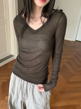 オープンバックシースルースリムVネックロングスリーブTシャツ